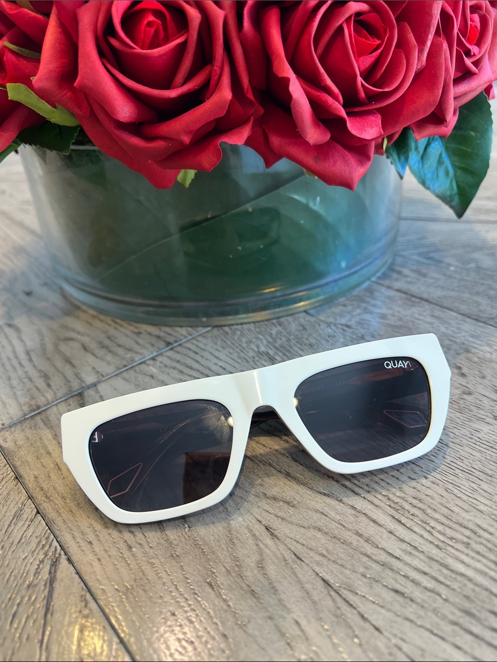 Quay Australia White Rectangular Frame Sunglasses with Dark Lenses